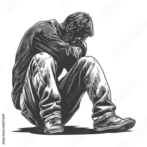 Monochrome Anguish: Vector Illustration of a Man Seated with Head in Hands, Depression Concept.
