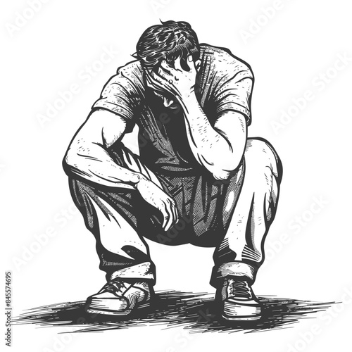 Etched Despair: Man Crouched, Head in Hand, Shadowed in Thoughtful Distress.