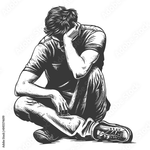 Distressed Youth: Cross-Hatch Illustration of a Man Sitting Head in Hand.