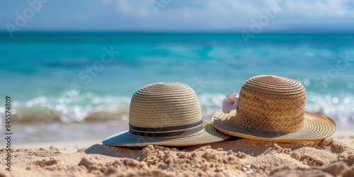 Two summer hats on a beach with sky view  romantic vacation concept