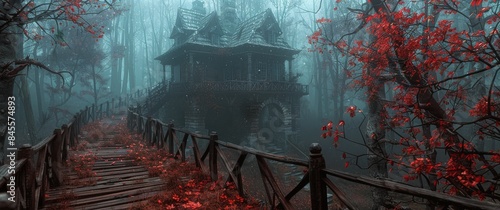 A Foggy Path Leading to a Wooden House in the Woods