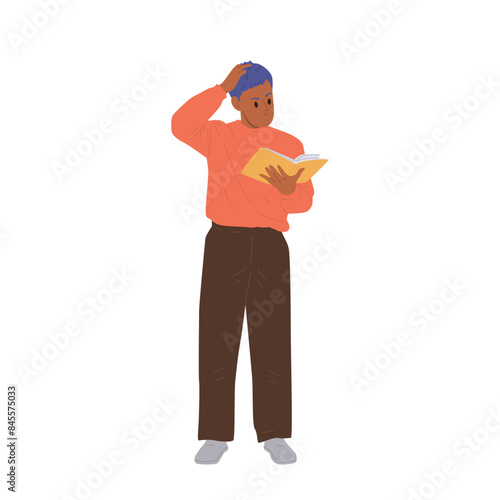 Pensive confused man flat cartoon character reading book standing isolated on white background