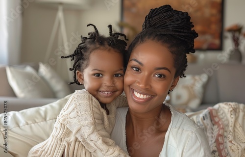 Happy Mother and Daughter Smiling Together in a Cozy Home Interior