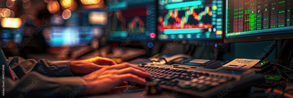Hands Typing on a Keyboard in Front of Stock Market Screens Hands Typing on a Keyboard in Front of Stock Market Screens