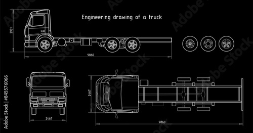 Vector engineering drawing of truck with trailer 
with dimensional lines
and numerical values of vehicle dimensions.
Cad scheme. Mechanical background. Design documentation.