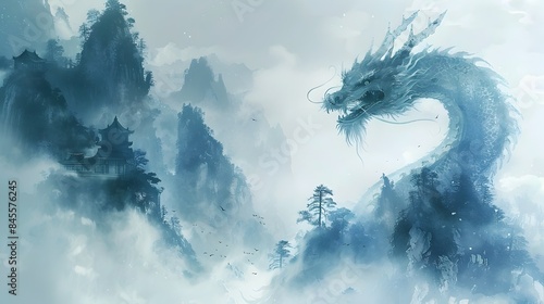Majestic Chinese Dragon Soaring Through Misty Mountains Symbol of Power and Grace