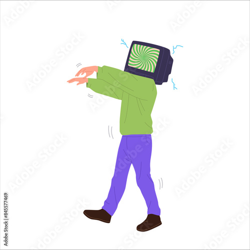 Man cartoon character with tv head isolated on white, People mass media manipulation concept