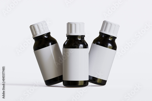 Packaging bottle black color and white blank label for medicine, pill or supplement, cosmetic, chemical and etc on white background