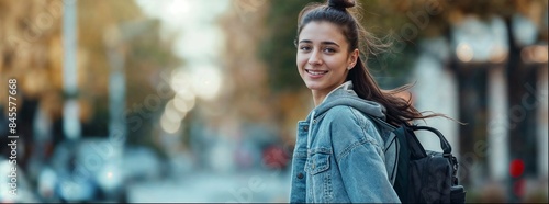 A young woman with her hair in a ponytail, smiling and walking down the street wearing blue jeans and a black backpack, in the early morning light.