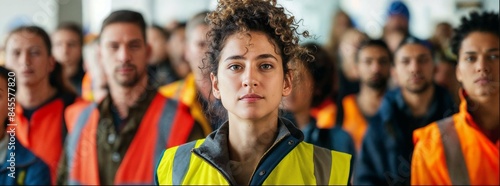 A woman in fluorescent waistcoat. Safety vest side view. Yellow, light green jacket with reflective stripes. Safety vest for construction works, drivers and road workers with fluorescent protective. 