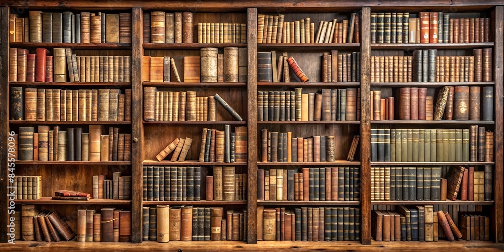 Altes Buchregal aus Holz mit alten Büchern - Bildung - Lesen - Wissen - Bibliothek - Studieren und lernen - warmes Licht - Vintage Altes Buchregal aus Holz mit alten Büchern - Bildung - Lesen - Wissen - Bibliothek - Studieren und lernen - warmes Licht - Vintage