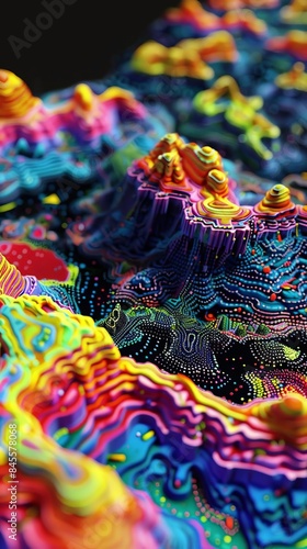 Closeup noblur 3D Model Abstract Art of Psychedelic visual of swirling colors and patterns on a canvas texture © Chano_1_na