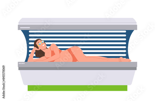 Attractive glamour woman cartoon character at cosmetology procedure in solarium isolated on white