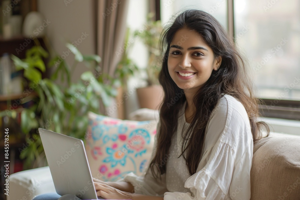 Smiling young Indian woman working remotely on her laptop in a bright, plant filled room Smiling young Indian woman working remotely on her laptop in a bright, plant filled room