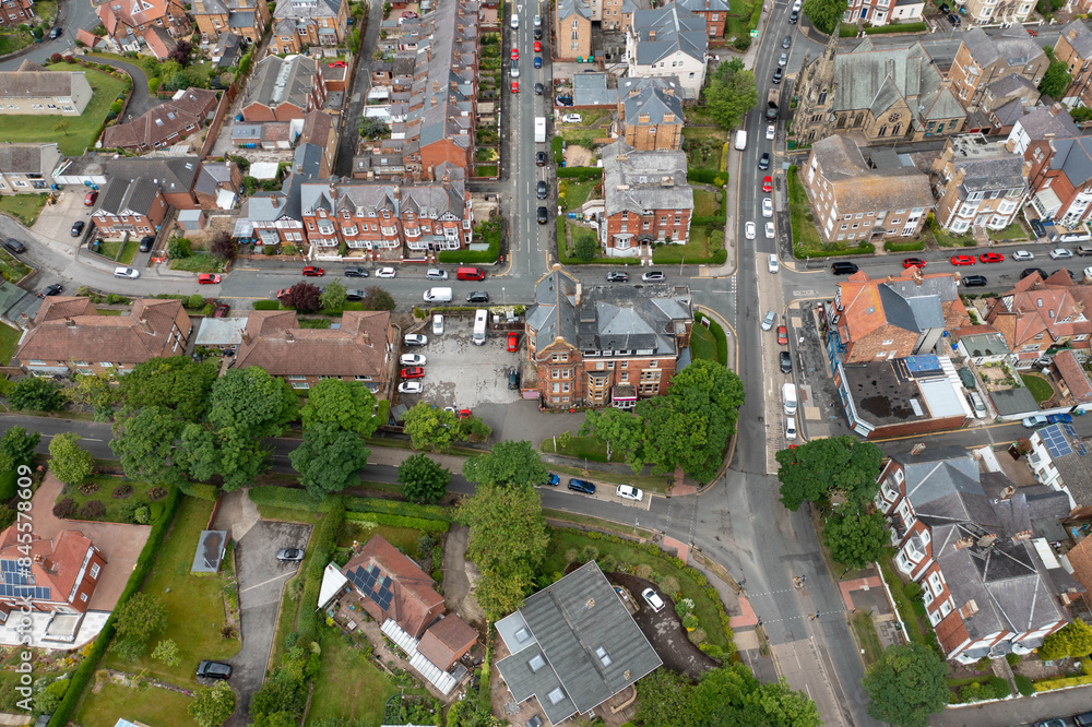 Aerial drone photo of the town centre of Scarborough in the UK, showing the British residential housing estates and historical town houses along side the main roads in the seaside town Aerial drone photo of the town centre of Scarborough in the UK, showing the British residential housing estates and historical town houses along side the main roads in the seaside town