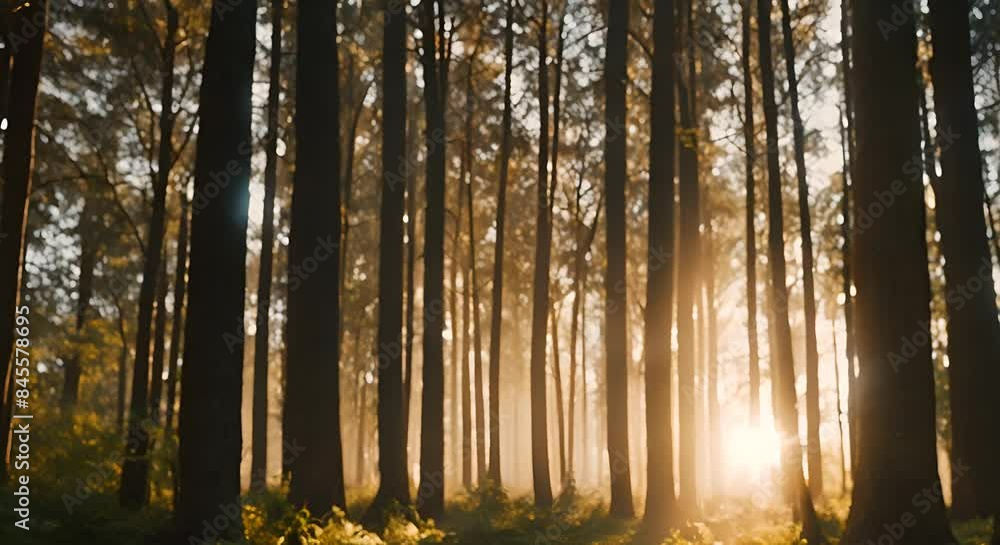 The misty forest glows in golden sunlight at sunrise, creating a tranquil atmosphere The misty forest glows in golden sunlight at sunrise, creating a tranquil atmosphere