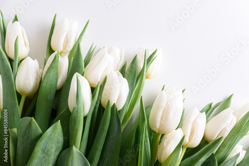 Floral border from bouquet of white tulips on white background. Anniversary celebration concept. Copy space. Top view