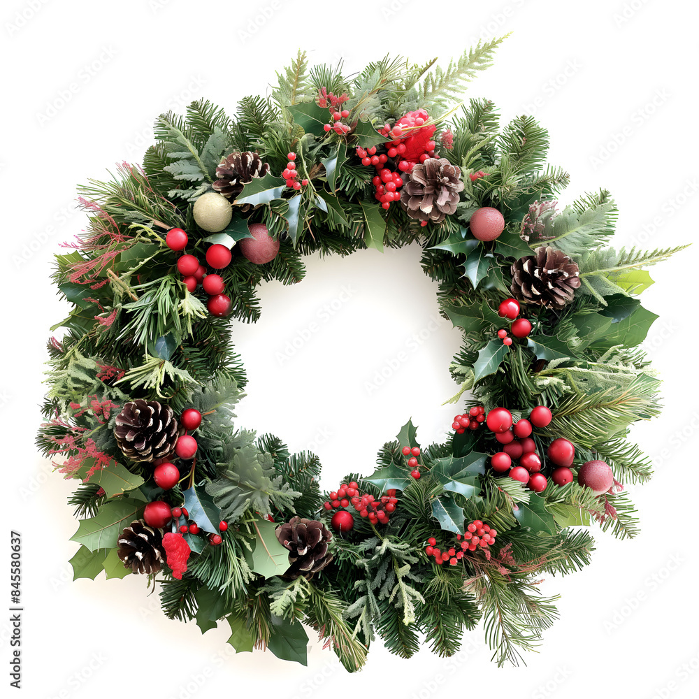 Festive Holiday Wreath with Pine Cones and Red Berries on White Background Festive Holiday Wreath with Pine Cones and Red Berries on White Background