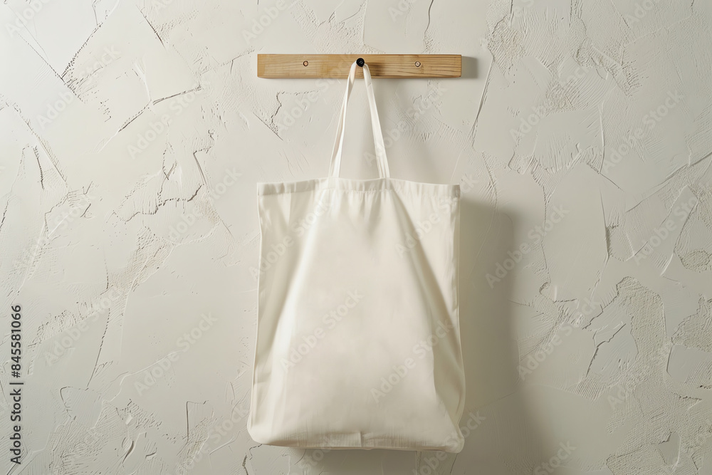 A white tote bag hanging on a hook against a textured wall. A white tote bag hanging on a hook against a textured wall.
