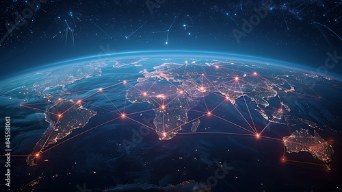 Global Connectivity and Digital Network: Illuminated World Map at Night