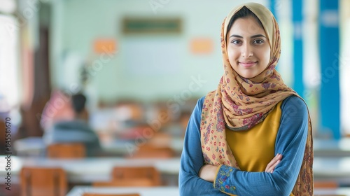 Confident young female Pakistani student standing in classroom, poised, confident posture, determined expression, academic setting, classroom environment.