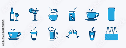 Set of beverages or drinks icon. Containing bottle, wine glass, coconut, mineral water, tea, coffee, beer, soda can, juice, cup, cocktail. Vector illustration