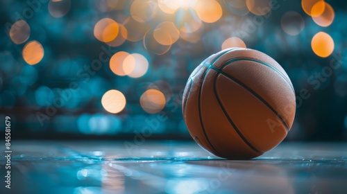 Basketball resting on an indoor court, surrounded by colorful bokeh lights, evoking the atmosphere of a game in play.