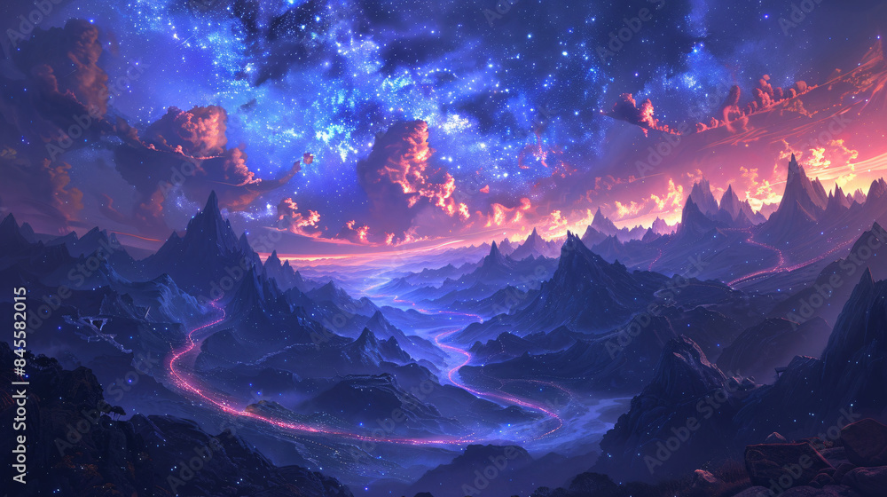 Fantasy illustration of a winding road through a craggy valley under a starry sky Fantasy illustration of a winding road through a craggy valley under a starry sky