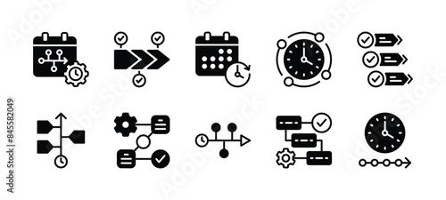 Timeline icon set. Containing guideline, workflow, information, progress, step, management, schedule, hierarchy, infographic, organisation, procedure, system, scheme for event. Vector illustration