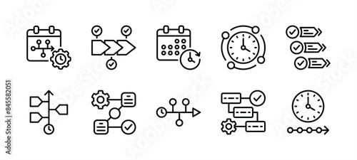 Timeline thin line icon vector set. Containing guideline, workflow, information, progress, step, management, schedule, hierarchy, infographic, organisation, procedure, system, scheme for event 