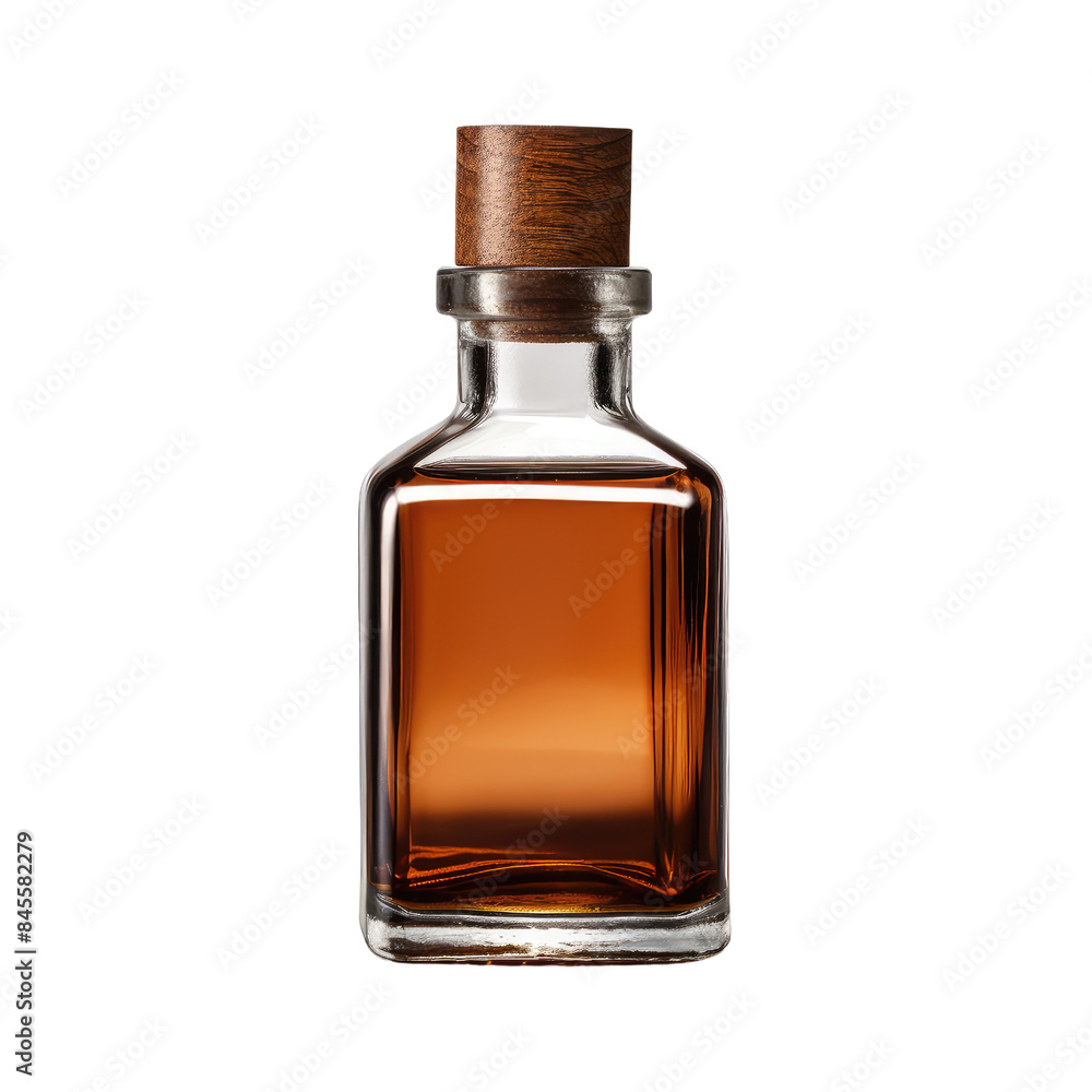 Small brown glass bottle with wooden cap isolated on transparent background Small brown glass bottle with wooden cap isolated on transparent background