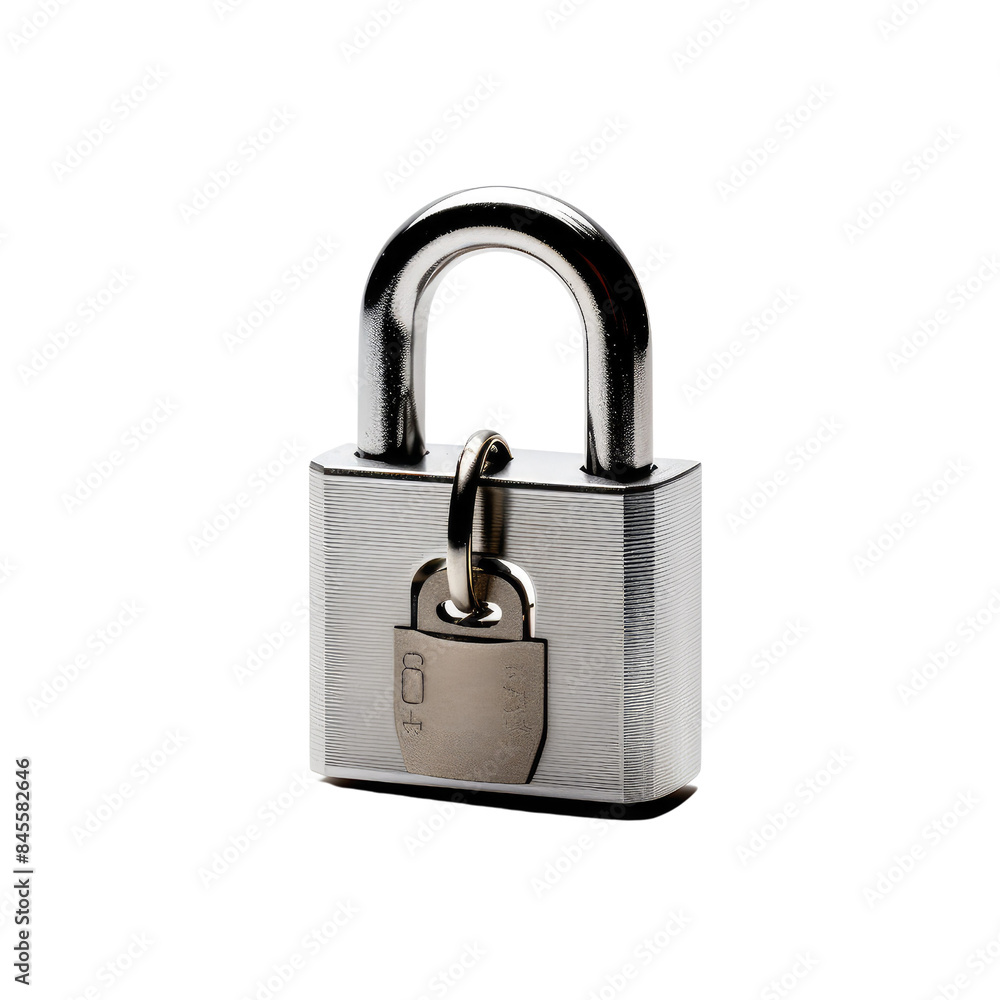 A small silver metal padlock with a keyhole and a shackle isolated on transparent background A small silver metal padlock with a keyhole and a shackle isolated on transparent background