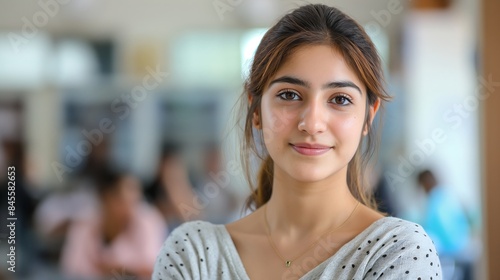 Confident young female Pakistani student standing in classroom, poised, confident posture, determined expression, academic setting, classroom environment. photo