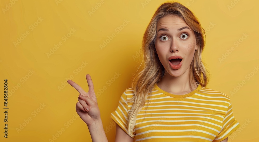 Young Blonde Woman With Red Striped Shirt Pointing Right With Shocked Expression Young Blonde Woman With Red Striped Shirt Pointing Right With Shocked Expression
