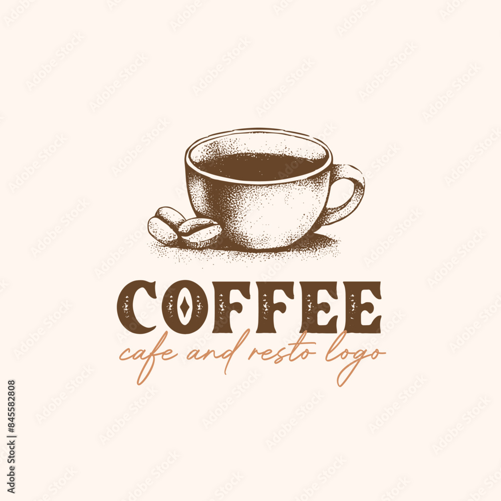 Cup of coffee in vintage hand drawn retro classic logo design vector ...