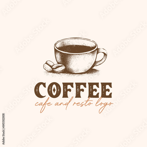 Cup of coffee in vintage hand drawn retro classic logo design vector for cafe and restaurant