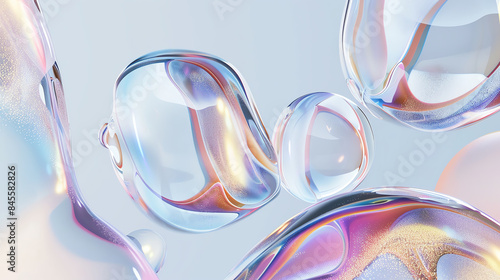 Create an abstract 3D render of multiple glass spheres with a rainbow-like iridescence floating in a blue-grey void