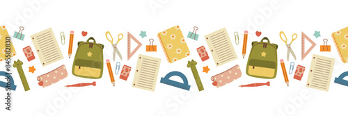 School seamless border. School stationery in clip art style. Back to school. Isolated vector illustration