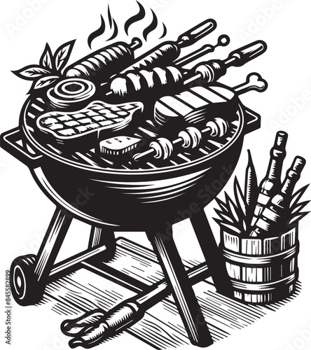 Barbecue Vector Illustration Silhouette. Barbecue grill emblem vintage monochrome for cooking delicious juicy meat on open fire during summer picnic vector illustration