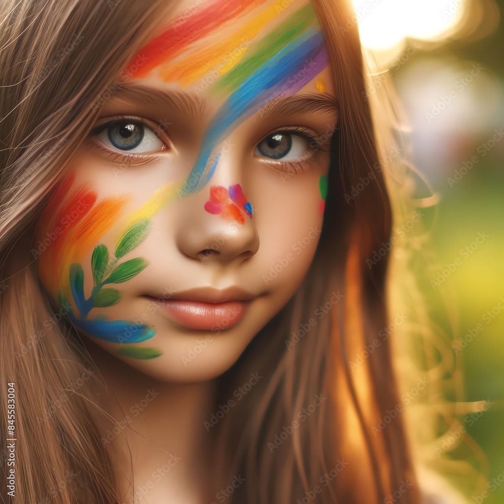 A close-up image of a young girl with Pride rainbow face paint A close-up image of a young girl with Pride rainbow face paint