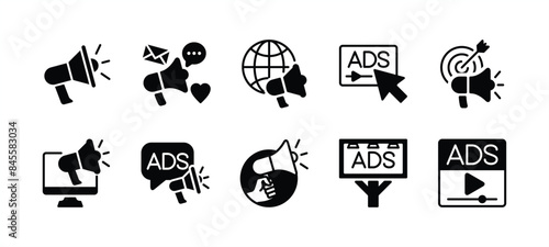 Business advertising icon set. Containing megaphone, media social, online video, campaign, billboard, communication, marketing target, internet, website, adsense. Vector illustration