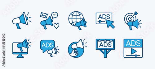 Set of business advertising icon. Containing megaphone, media social, online video, campaign, billboard, communication, marketing target, internet, website, adsense. Vector illustration