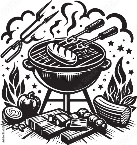 Barbecue Vector Illustration Silhouette. Barbecue grill emblem vintage monochrome for cooking delicious juicy meat on open fire during summer picnic vector illustration