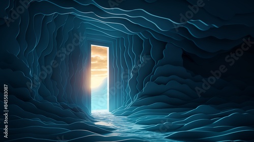 Sunlit Doorway in Blue Cave Paper Cut Art