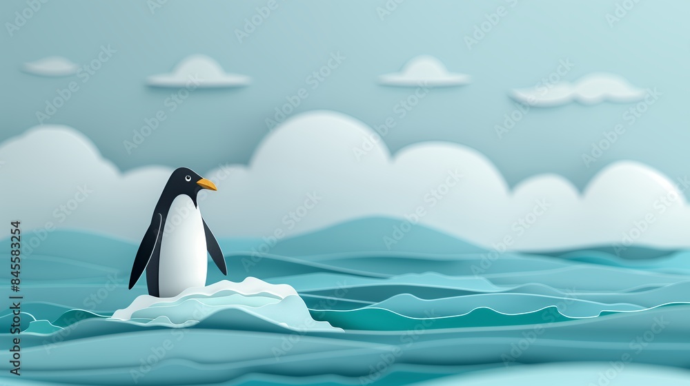 Fototapeta premium Penguin on Ice in Ocean Paper Cut Art