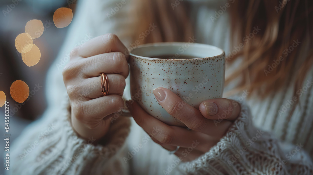 Woman holding a cup with bokeh lights Woman holding a cup with bokeh lights