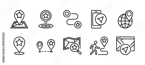 Location pin thin line icon set. Containing map pin, marker or pointer, GPS, distance, global positioning system, navigation, direction, route, travel target. Vector illustration
