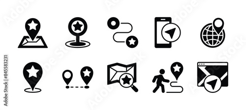 Location pin icon set. Containing map pin, marker or pointer, GPS, distance, global positioning system, navigation, direction, route, travel target. Vector illustration