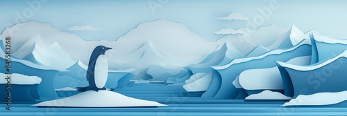 Penguin on Ice in Arctic Landscape Paper Cut Art