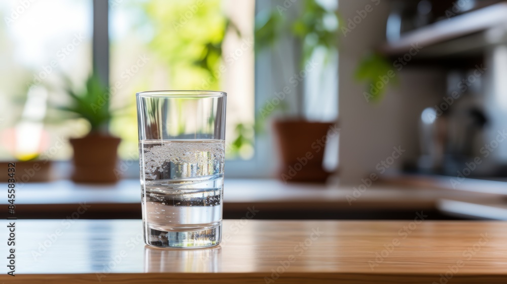 A glass of sparkling water with bubbles on a wooden kitchen counter, with plants and a sunny window in the background. A glass of sparkling water with bubbles on a wooden kitchen counter, with plants and a sunny window in the background.